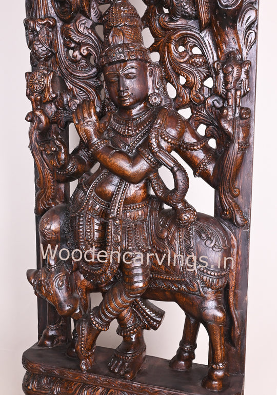 Decorative Standing Krishna Playing With Flute and Cow Wooden Jali Work Handmade Wall Decor Wall Mount 60"