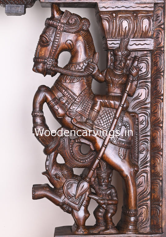 Warriors Riding on Horse With Paired Elephants Wooden Handmade Wax Brown Entrance Decor Wall Brackets 31"