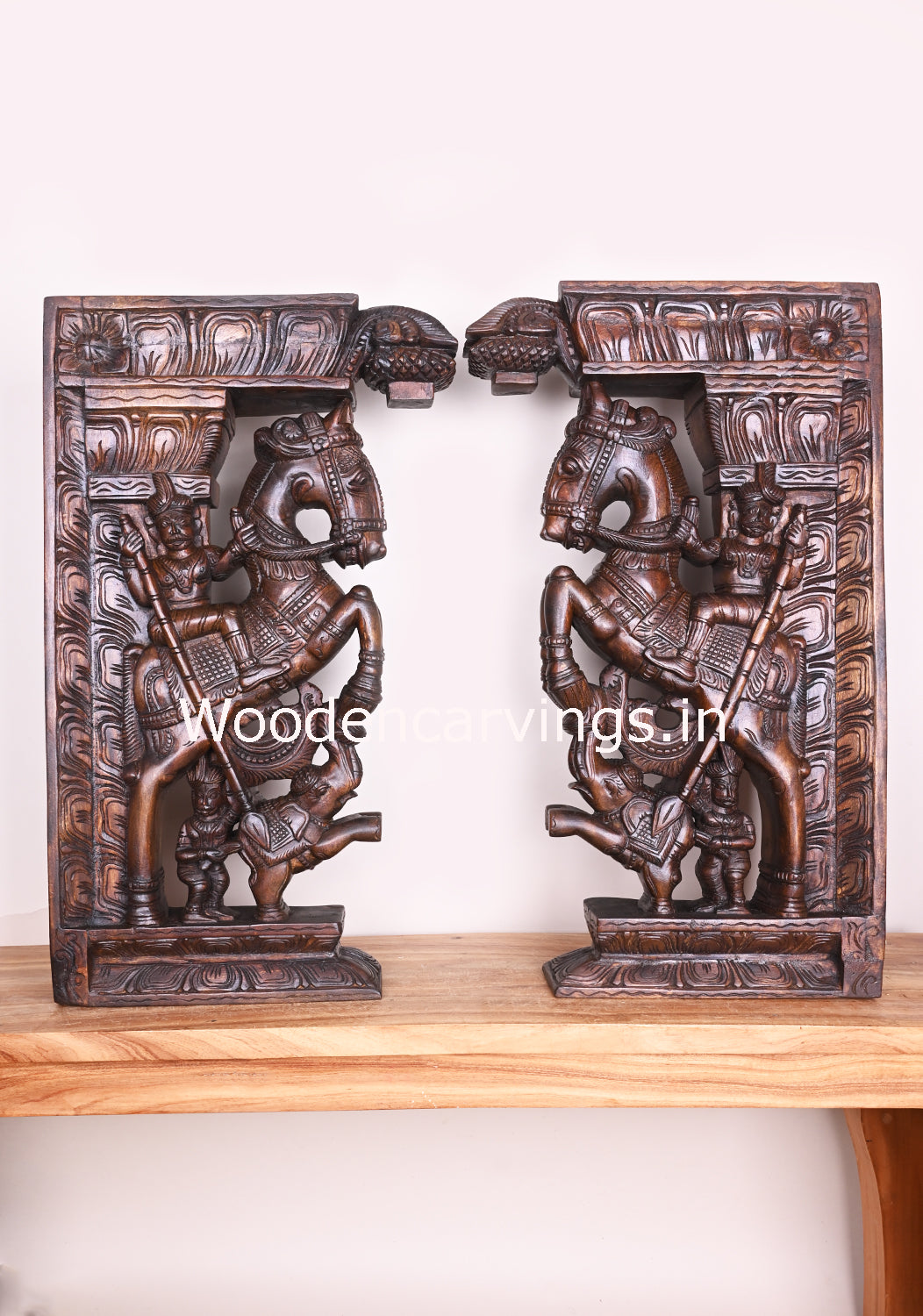 Warriors Win The Battle With Powerful Horses, Paired Elephants With Soldiers Handamade Wax Brown Brackets 30"