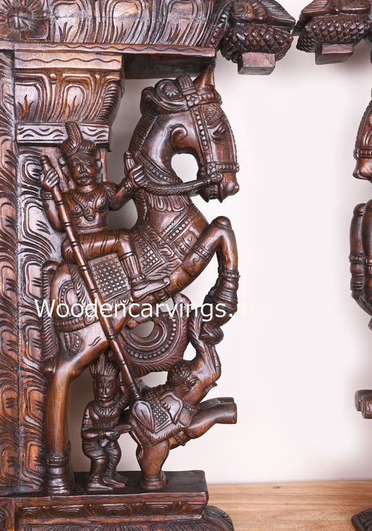 Warriors Win The Battle With Powerful Horses, Paired Elephants With Soldiers Handamade Wax Brown Brackets 30"