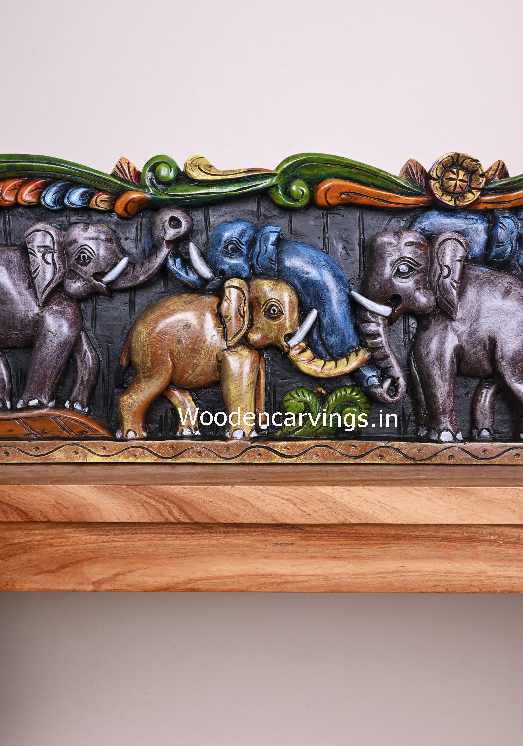 Horizontal Colourful Elephants Realistic Feel Handmade Hook Fixed Wooden Wall Decor Panel 48"