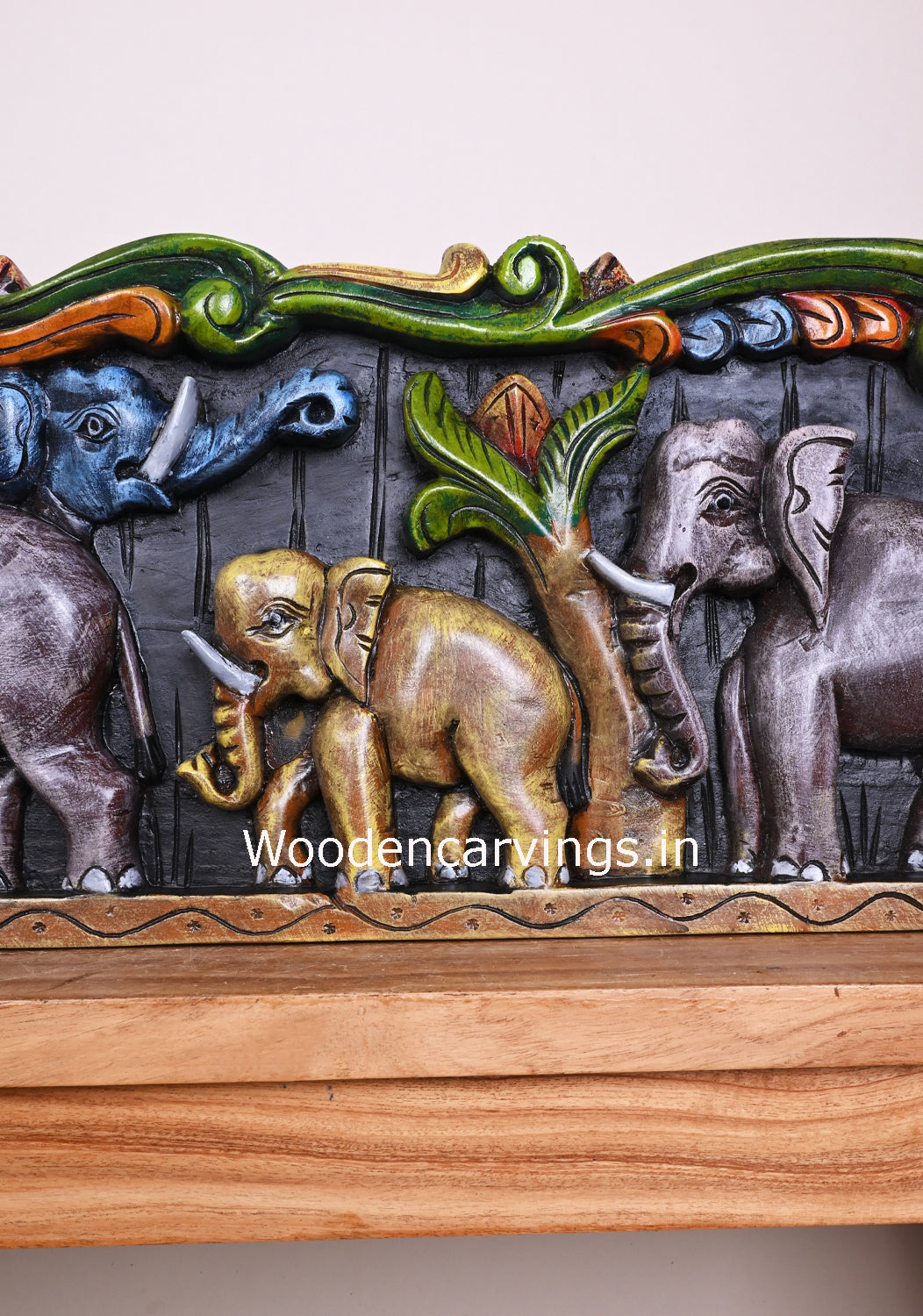 Horizontal Colourful Elephants Realistic Feel Handmade Hook Fixed Wooden Wall Decor Panel 48"