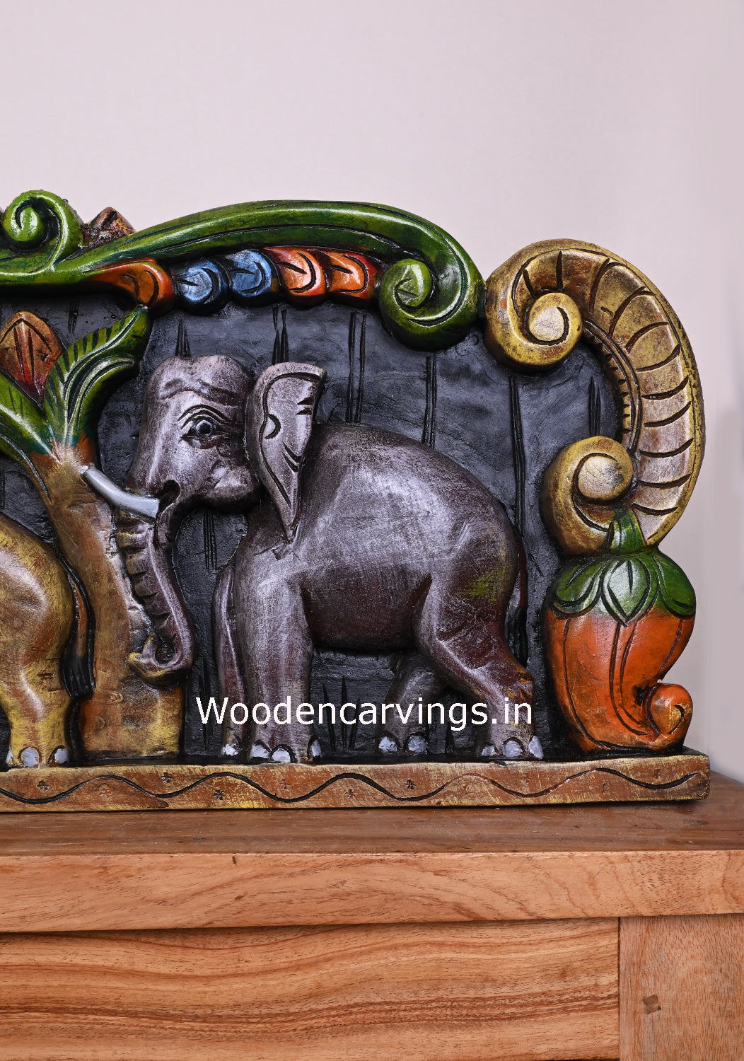 Horizontal Colourful Elephants Realistic Feel Handmade Hook Fixed Wooden Wall Decor Panel 48"