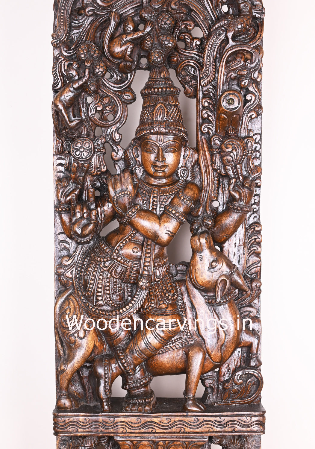 Standing With Cow Lord Krishna Palying With Flute Wooden Polished Handmade Jali Work 48"