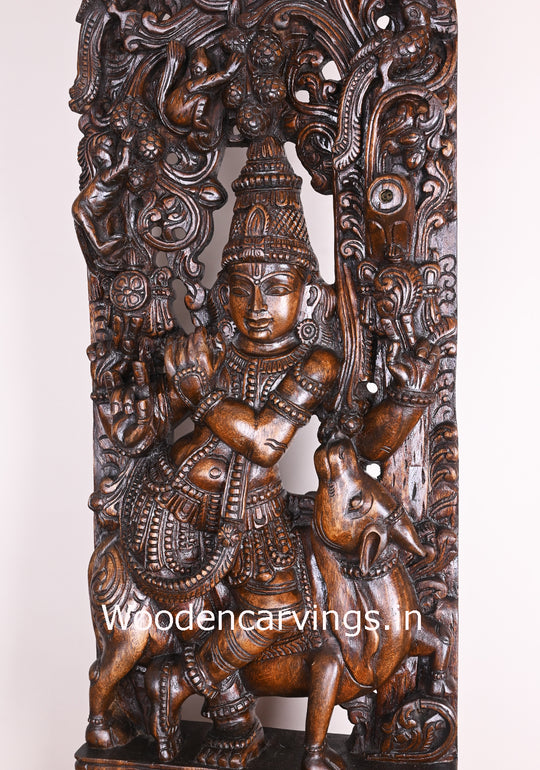 Standing With Cow Lord Krishna Palying With Flute Wooden Polished Handmade Jali Work 48"