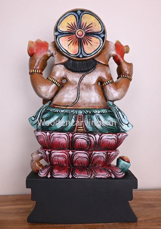 Double Petal Mangala Raja Ganapathi Seated on Double Petal Pink Lotus Holding Mothak Wooden Sculpture 24"