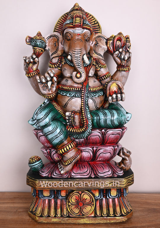 Double Petal Mangala Raja Ganapathi Seated on Double Petal Pink Lotus Holding Mothak Wooden Sculpture 24"