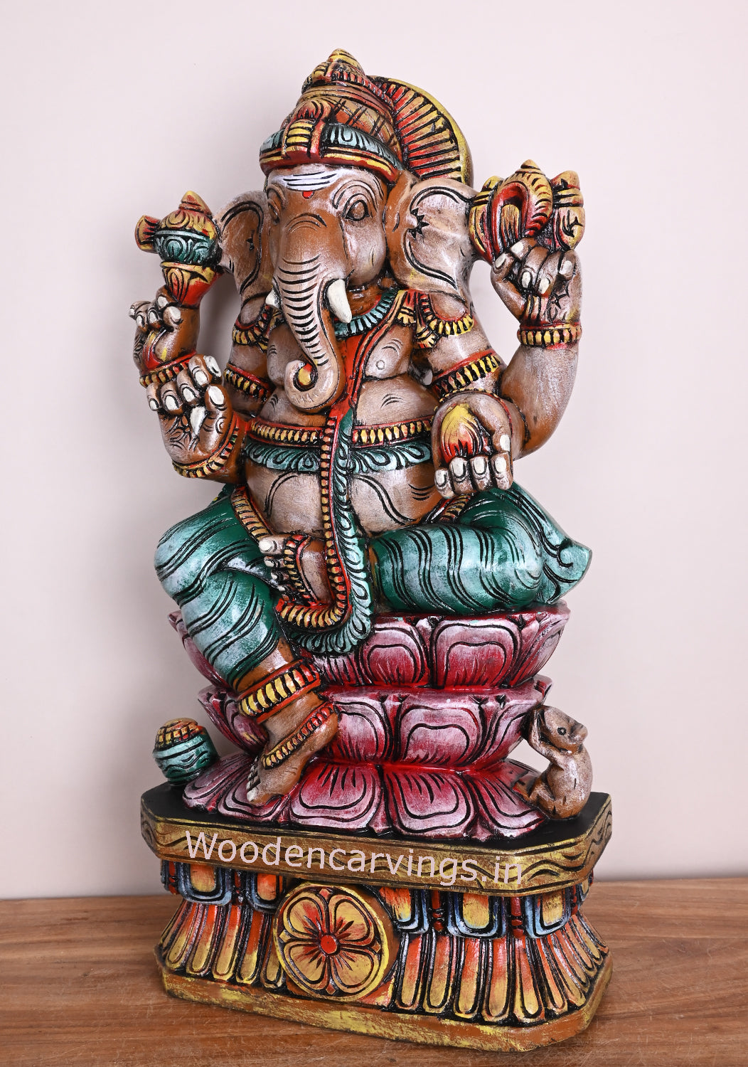 Double Petal Mangala Raja Ganapathi Seated on Double Petal Pink Lotus Holding Mothak Wooden Sculpture 24"