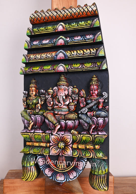 Colourful Gopuram Design Lord Ganesh With Beautiful Goddess Maha Lakshmi and Saraswathi Kavadi 24"