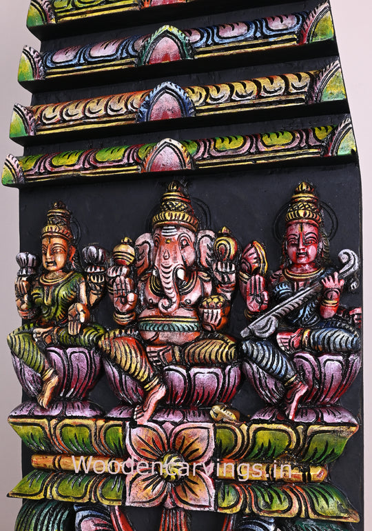 Colourful Gopuram Design Lord Ganesh With Beautiful Goddess Maha Lakshmi and Saraswathi Kavadi 24"