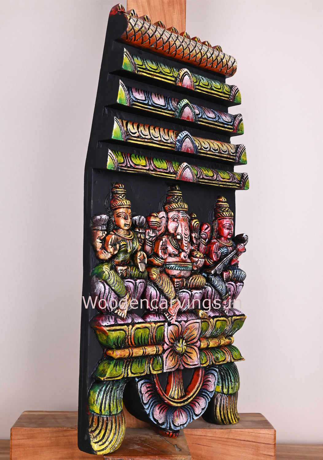 Colourful Gopuram Design Lord Ganesh With Beautiful Goddess Maha Lakshmi and Saraswathi Kavadi 24"