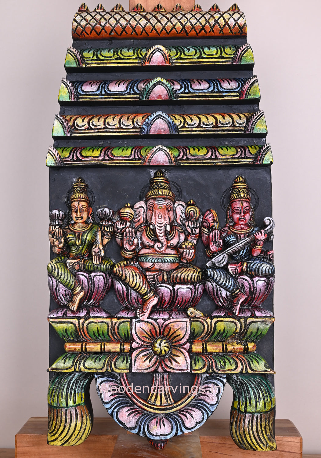 Colourful Gopuram Design Lord Ganesh With Beautiful Goddess Maha Lakshmi and Saraswathi Kavadi 24"