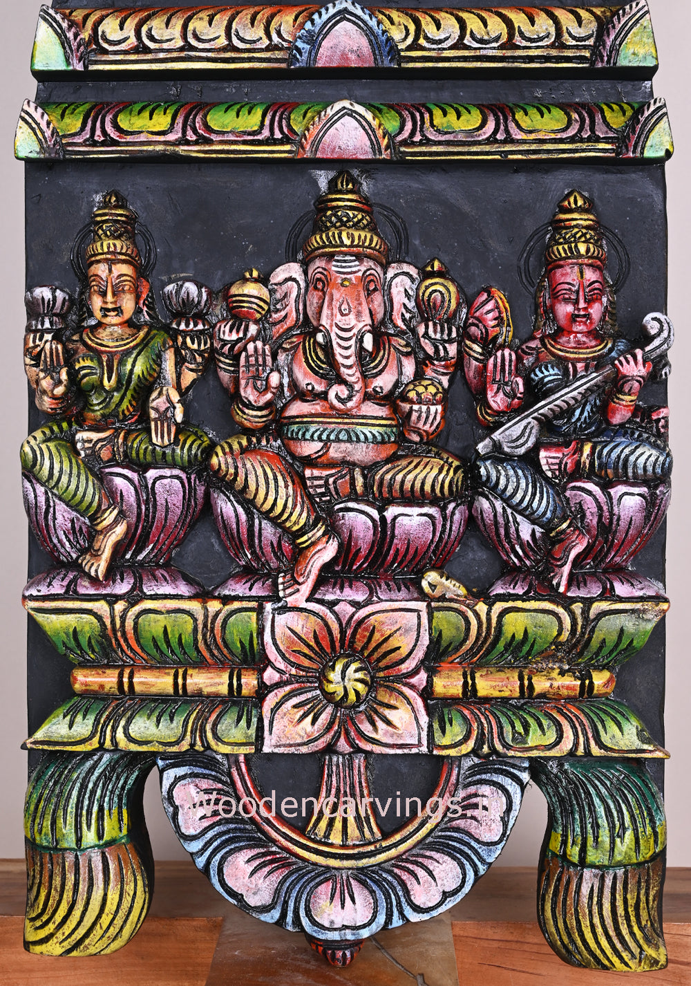 Colourful Gopuram Design Lord Ganesh With Beautiful Goddess Maha Lakshmi and Saraswathi Kavadi 24"