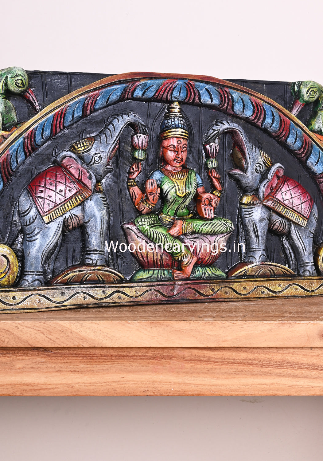 Wooden Gaja Lakshmi Parrot With Petal Design Beautiful Entrance Decor Coloured Wall Panel 24"