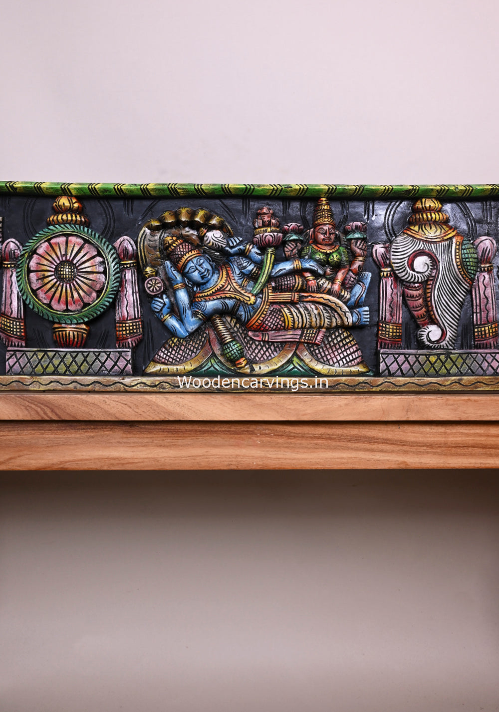 Peacock Design Reclining Lord Ranganathar With Lord garuda,and Hanuman Wooden Wall Panel 48"