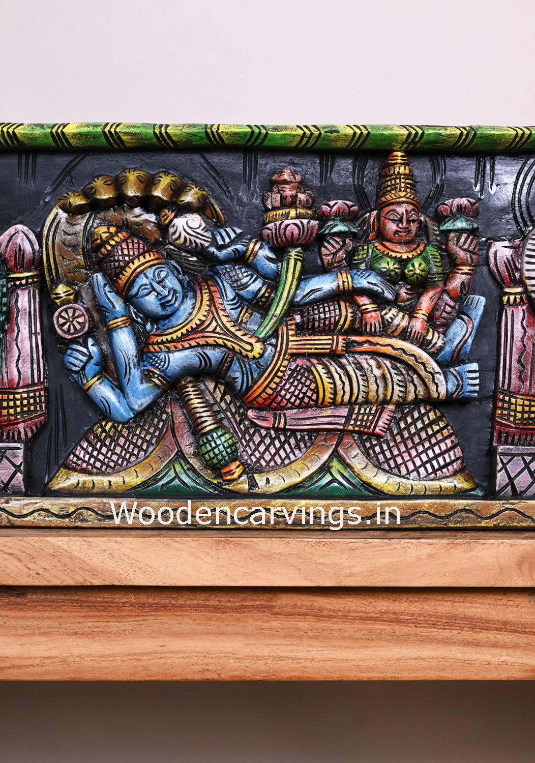 Peacock Design Reclining Lord Ranganathar With Lord garuda,and Hanuman Wooden Wall Panel 48"