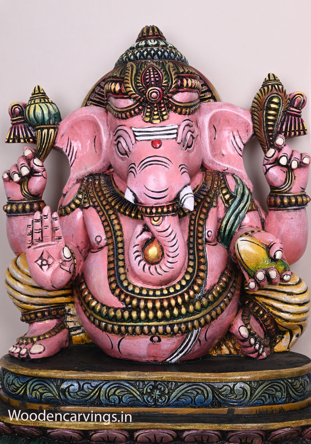 Beautiful Pink Ganapathi Differently Seated On Base and Holding Mango Multicoloured Wooden Sculpture 28"