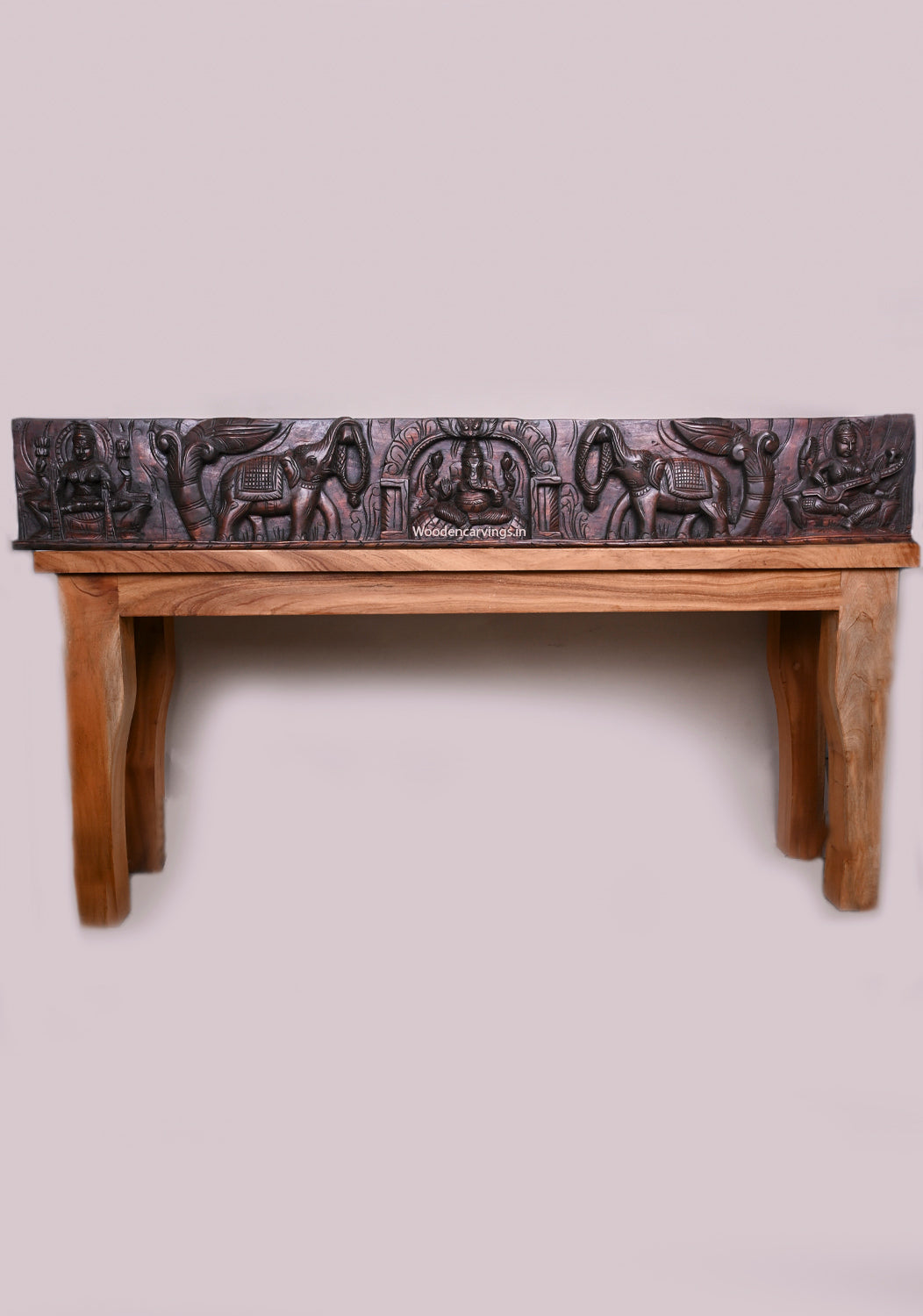 Horizontal Gaja Ganesha With Goddess MahaLakshmi and Saraswathi Devi Wooden Handmade Wall Panel 54"