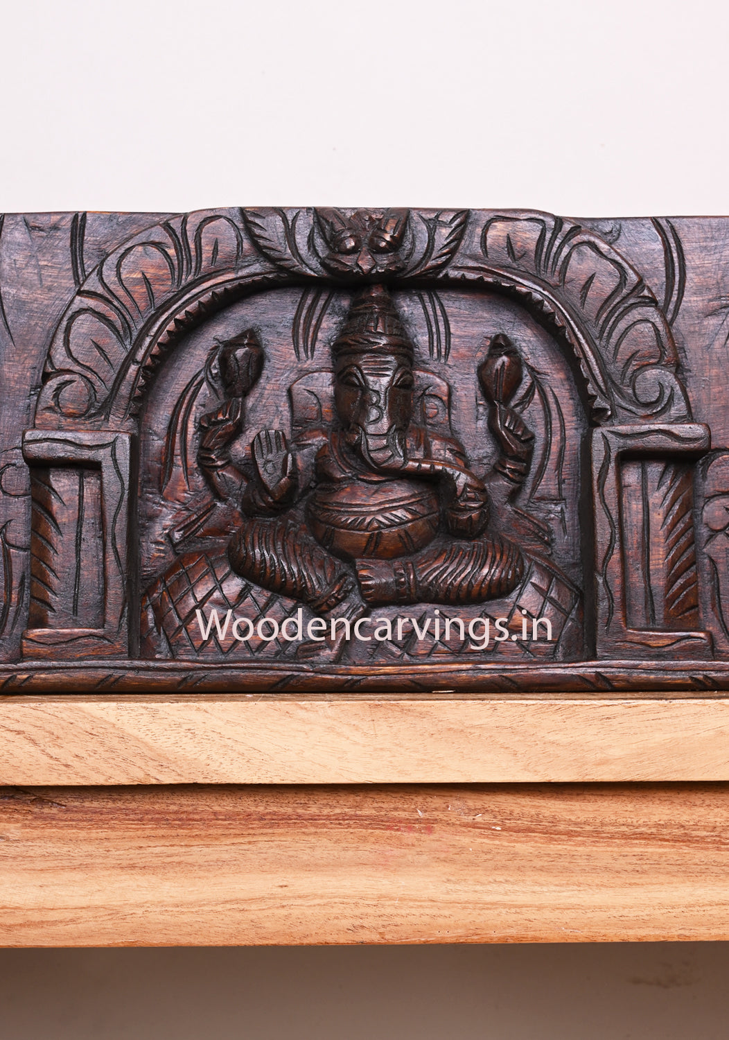 Horizontal Gaja Ganesha With Goddess MahaLakshmi and Saraswathi Devi Wooden Handmade Wall Panel 54"