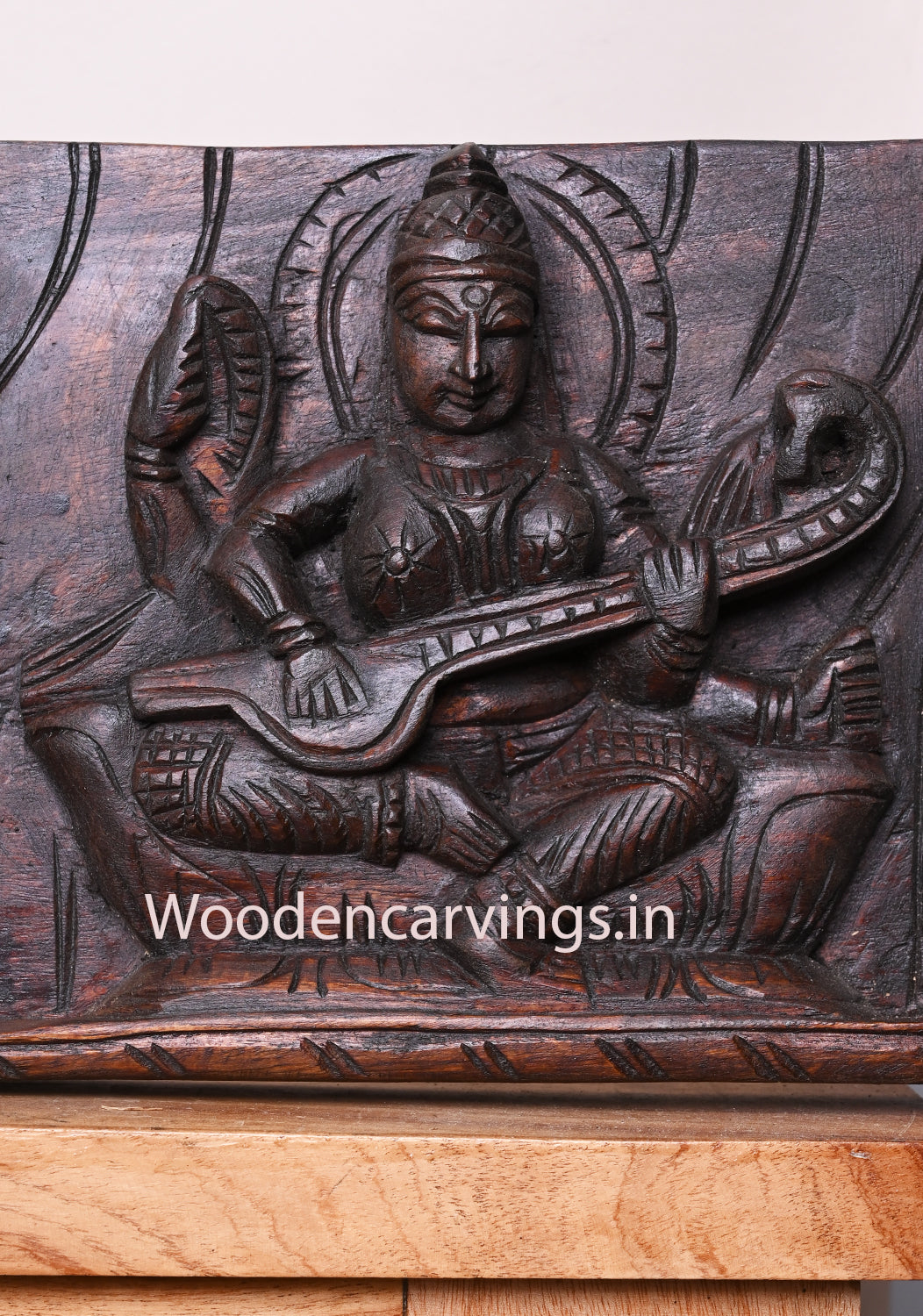 Horizontal Gaja Ganesha With Goddess MahaLakshmi and Saraswathi Devi Wooden Handmade Wall Panel 54"