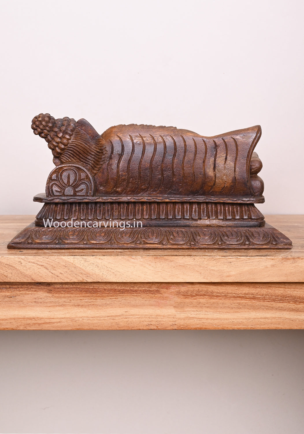 Buddha Relaxly Reclining on Pillow Handmade Detaily Carved Entrance Decor Wax Brown Wall Mount 15"