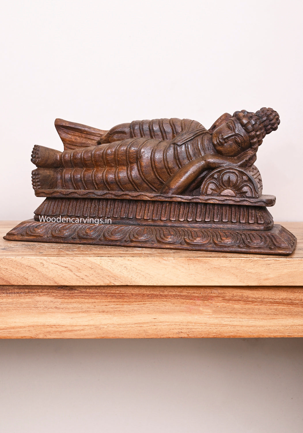 Buddha Relaxly Reclining on Pillow Handmade Detaily Carved Entrance Decor Wax Brown Wall Mount 15"