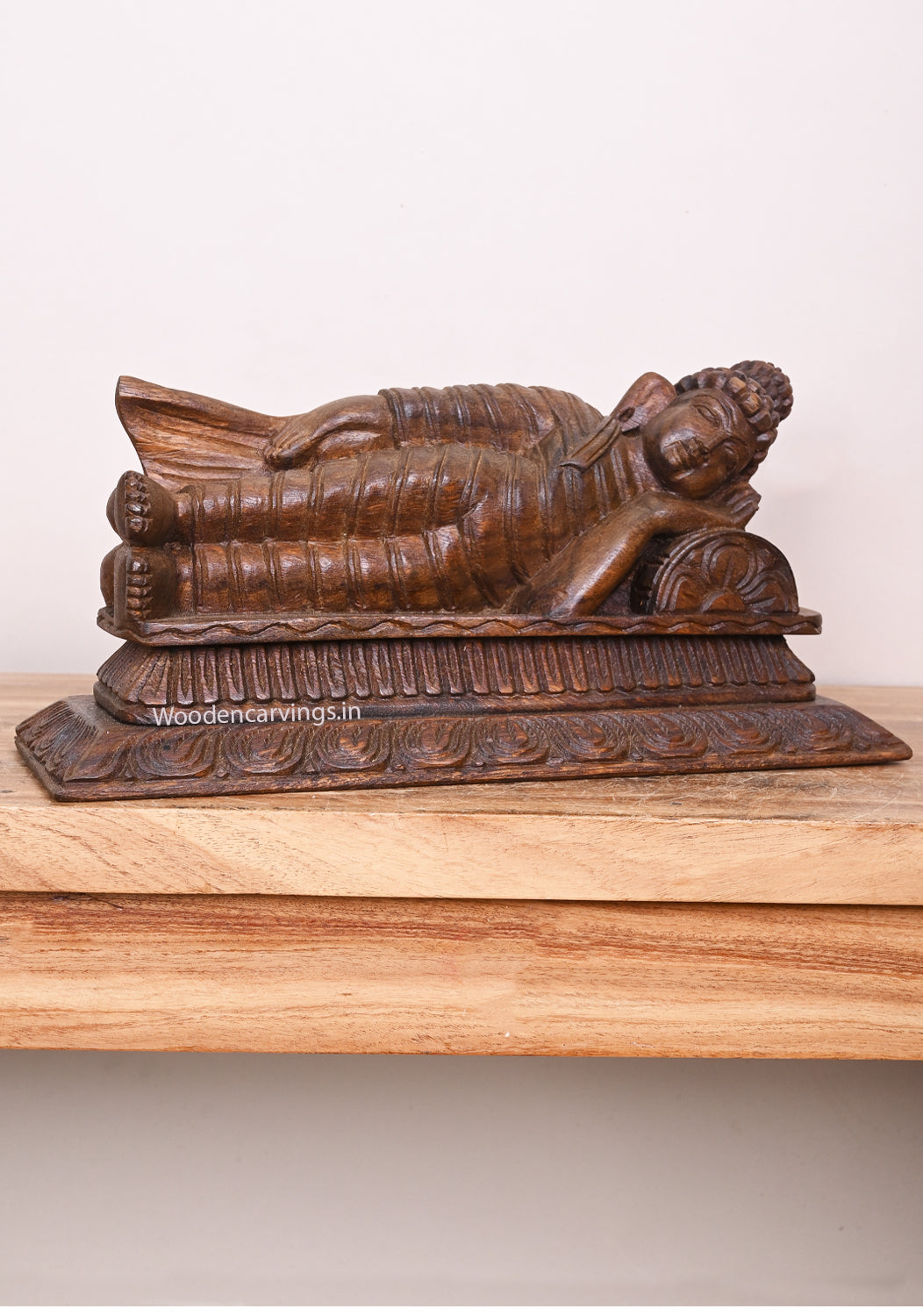 Buddha Relaxly Reclining on Pillow Handmade Detaily Carved Entrance Decor Wax Brown Wall Mount 15"