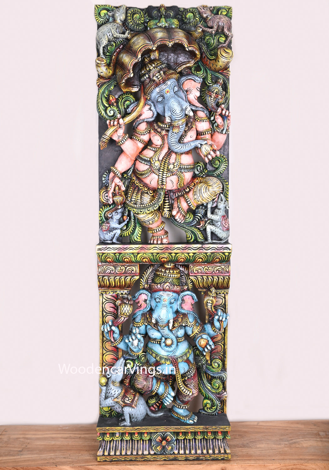 Specially Carved Dancing Lord Ganesh Holding Umbrella With His Vahana Rat Decorative Showpiece Wall Mount Sculpture 60"