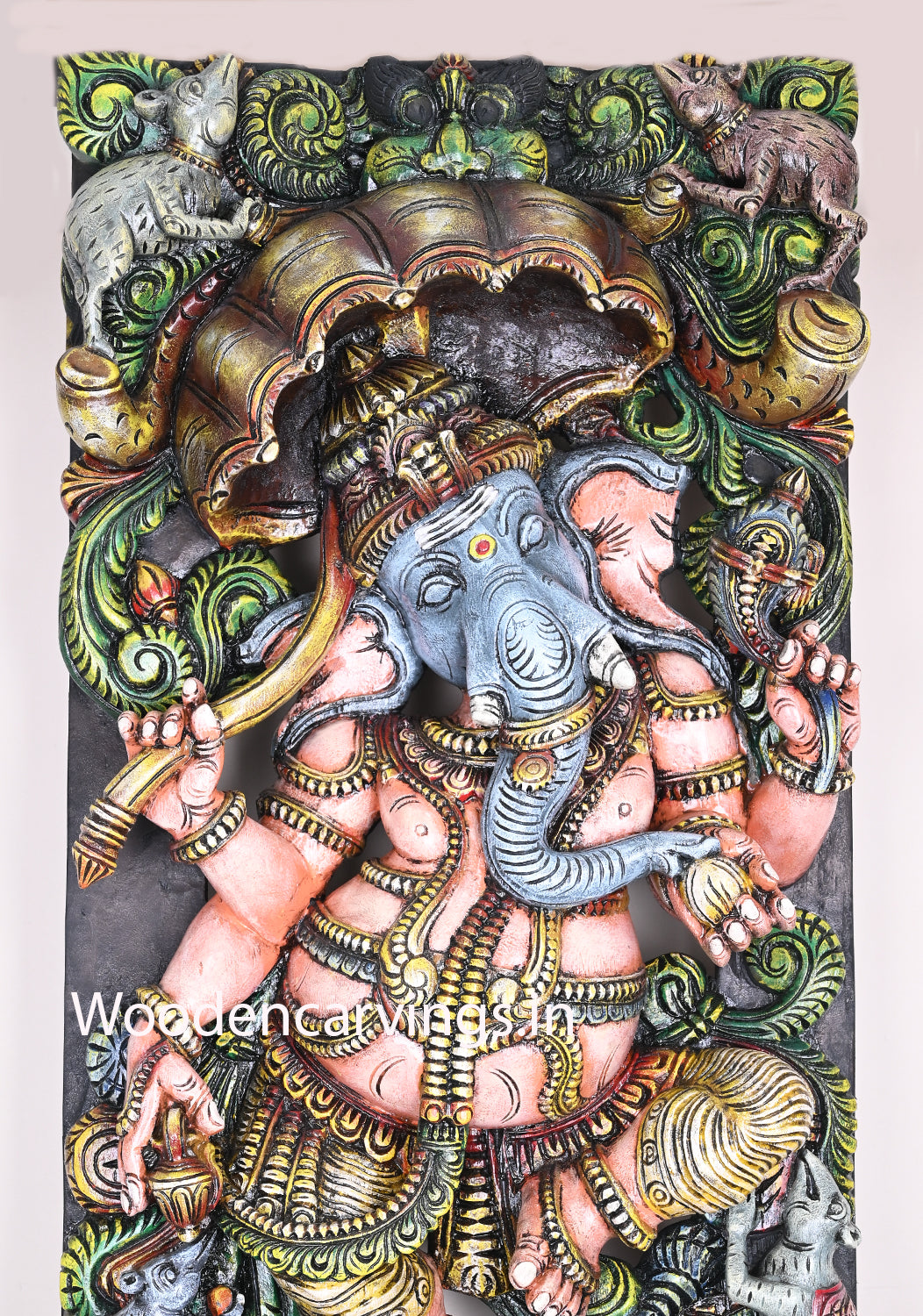 Specially Carved Dancing Lord Ganesh Holding Umbrella With His Vahana Rat Decorative Showpiece Wall Mount Sculpture 60"