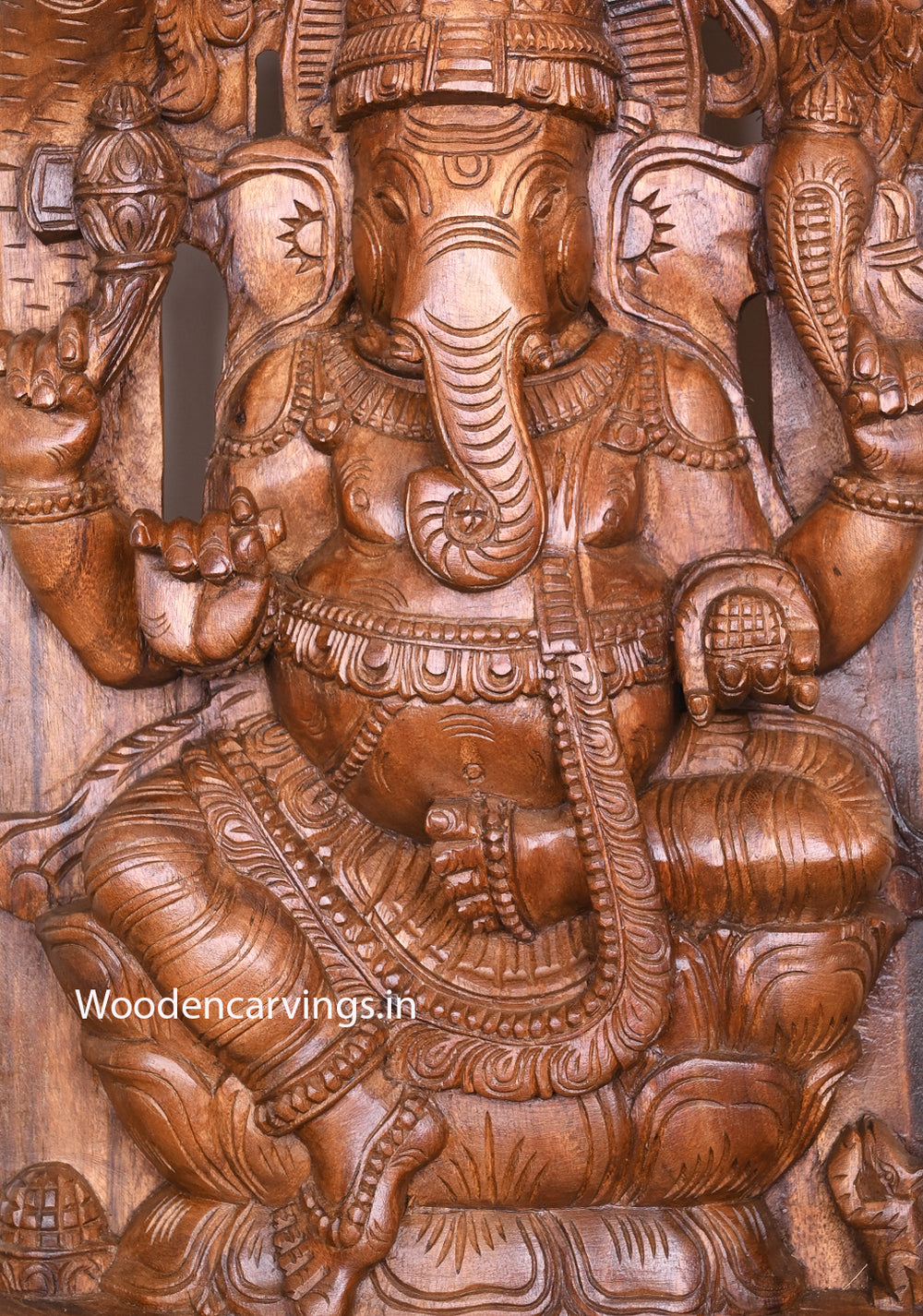 Handmade Jali Work of Lord Ganapathy Briskly Seated on Double Petal Lotus Home Decor Wooden Wall Mount 36"