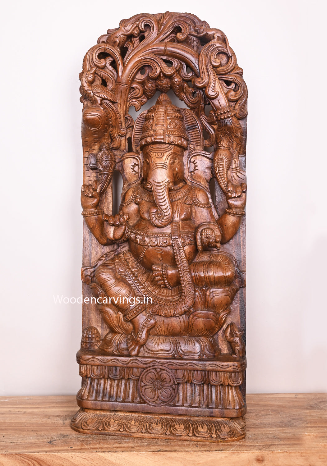 Handmade Jali Work of Lord Ganapathy Briskly Seated on Double Petal Lotus Home Decor Wooden Wall Mount 36"