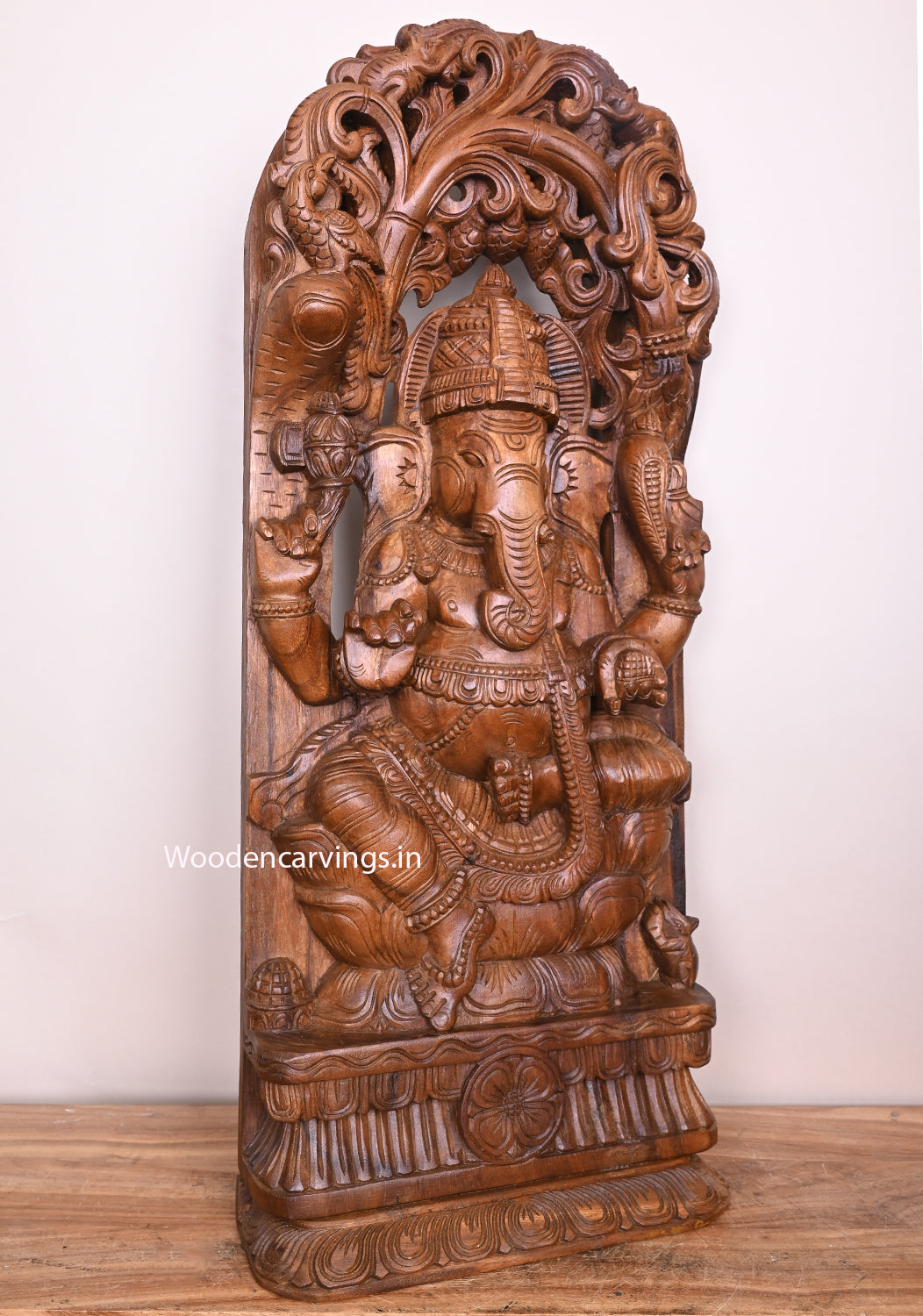 Handmade Jali Work of Lord Ganapathy Briskly Seated on Double Petal Lotus Home Decor Wooden Wall Mount 36"