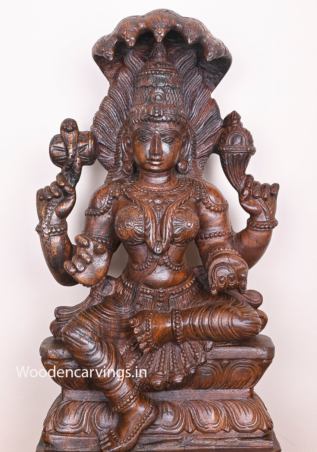 Powerful Female Goddess Naga Rani Briskly Seated on Base Wooden Handmade Wax brown Sculpture 26"