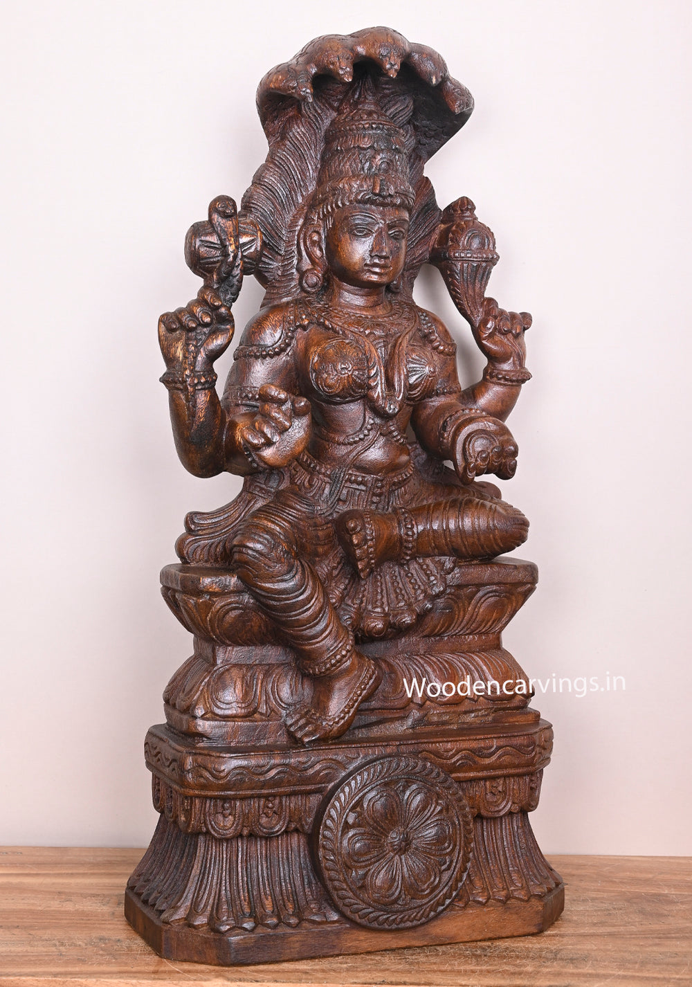 Powerful Female Goddess Naga Rani Briskly Seated on Base Wooden Handmade Wax brown Sculpture 26"