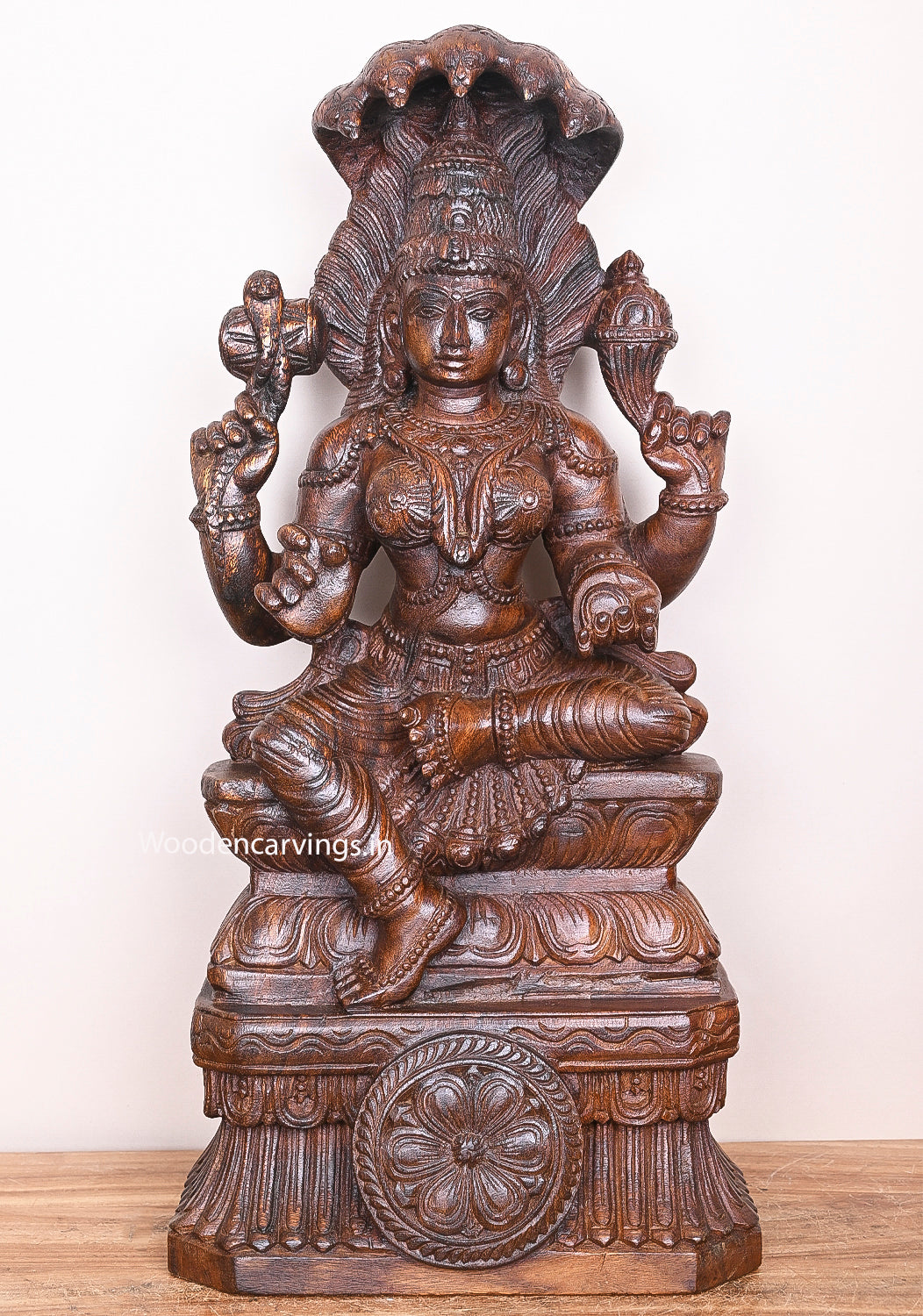 Powerful Female Goddess Naga Rani Briskly Seated on Base Wooden Handmade Wax brown Sculpture 26"