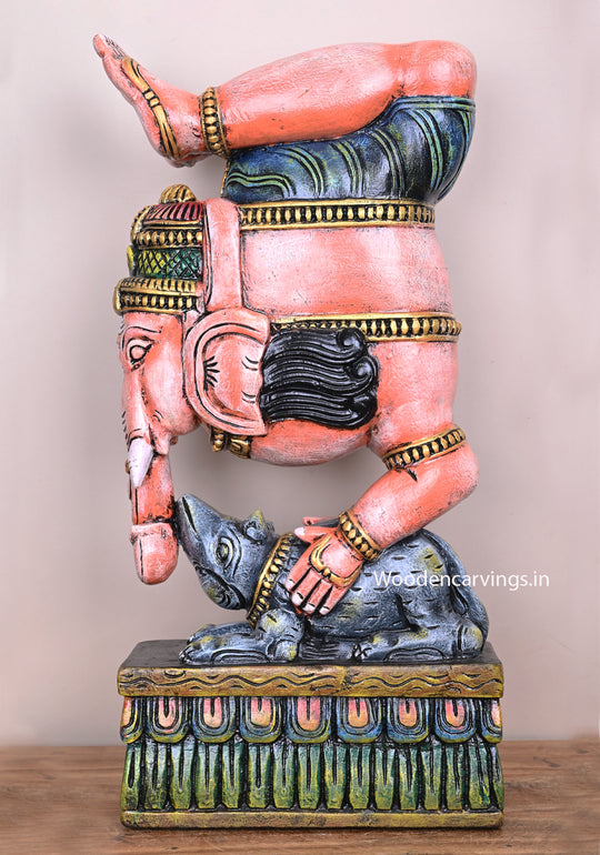 Lord Ganapathi Doing Yoga Gandha Bherundasana on His Vahana Mouse Unique Handmade Art Work Sculpture 25"