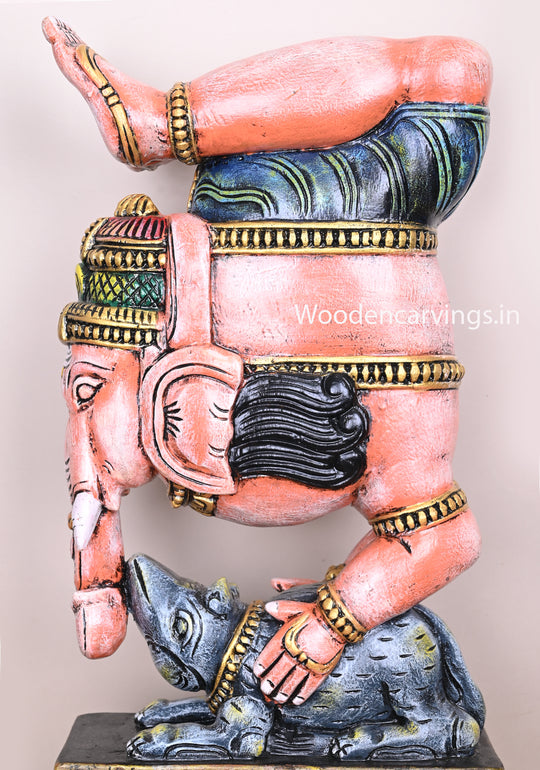 Lord Ganapathi Doing Yoga Gandha Bherundasana on His Vahana Mouse Unique Handmade Art Work Sculpture 25"