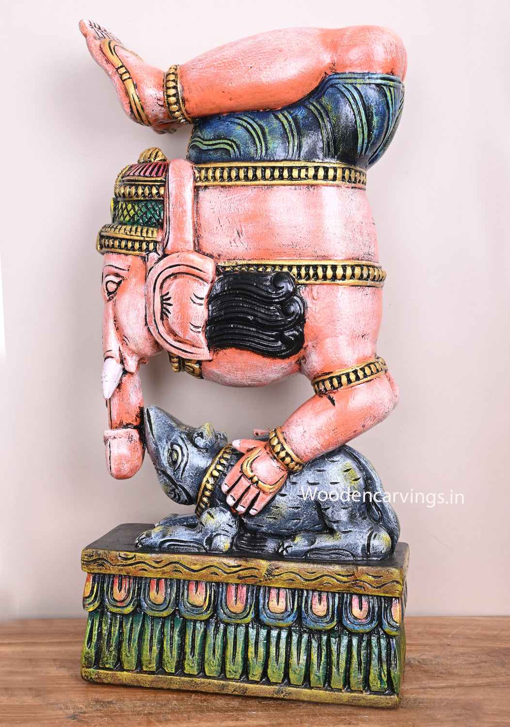 Lord Ganapathi Doing Yoga Gandha Bherundasana on His Vahana Mouse Unique Handmade Art Work Sculpture 25"