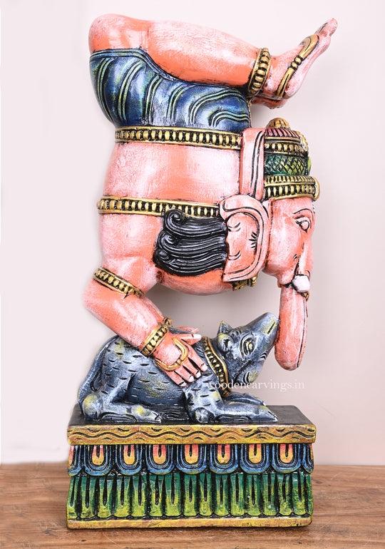 Lord Ganapathi Doing Yoga Gandha Bherundasana on His Vahana Mouse Unique Handmade Art Work Sculpture 25"