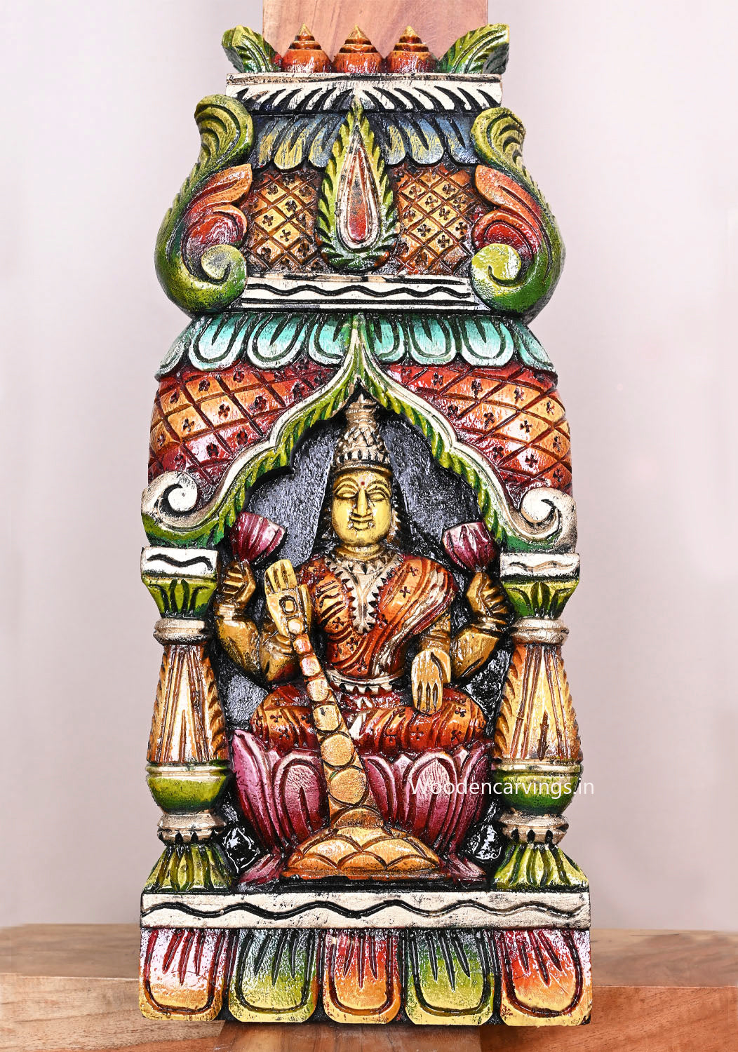 Multicoloured MahaLakshmi Goddess Seated on Pink Lotus Wooden Handmade Pillar Design Kavadi Wall Mount 18"