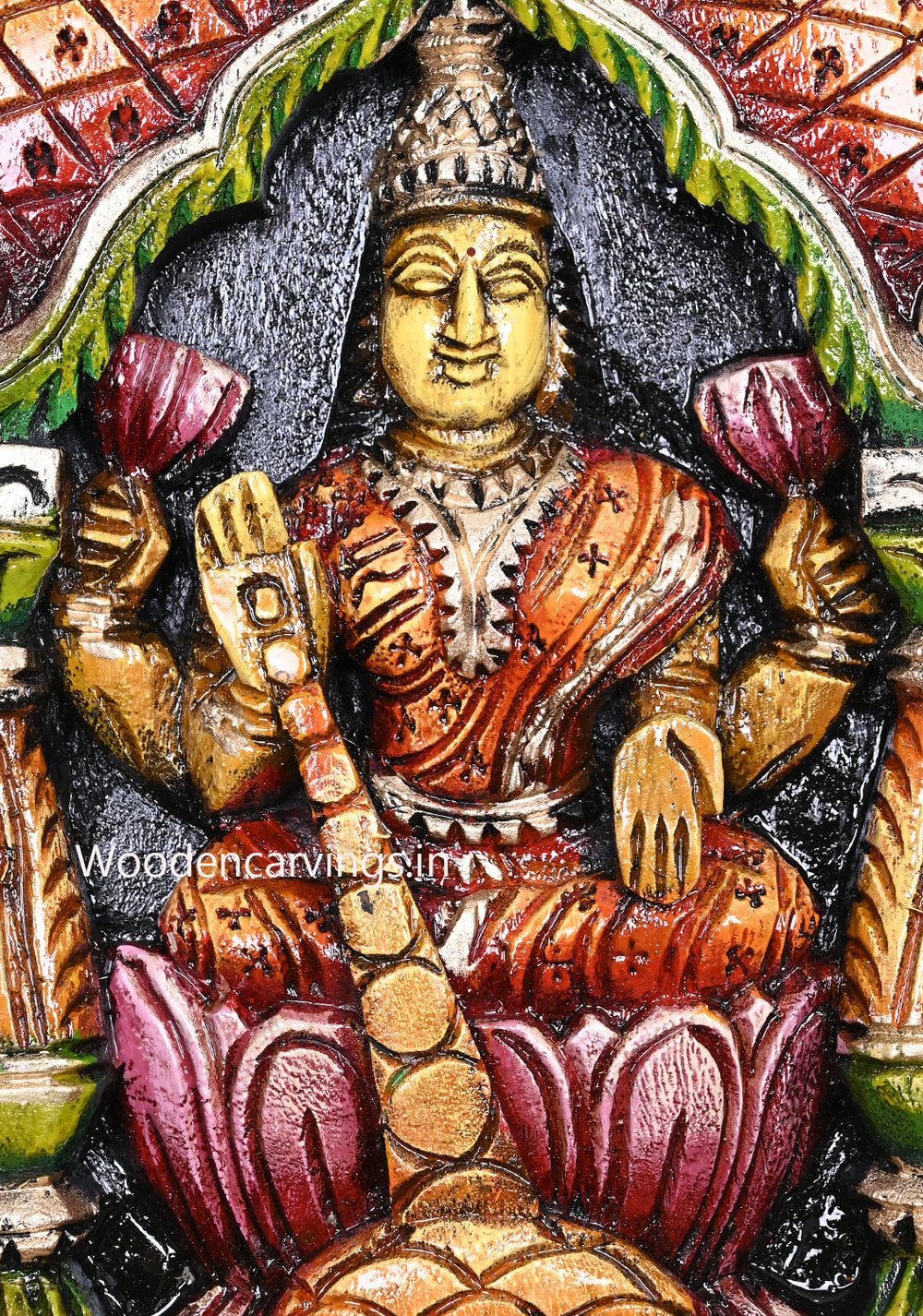 Multicoloured MahaLakshmi Goddess Seated on Pink Lotus Wooden Handmade Pillar Design Kavadi Wall Mount 18"