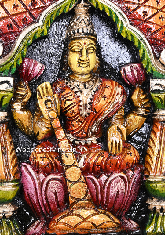 Multicoloured MahaLakshmi Goddess Seated on Pink Lotus Wooden Handmade Pillar Design Kavadi Wall Mount 18"