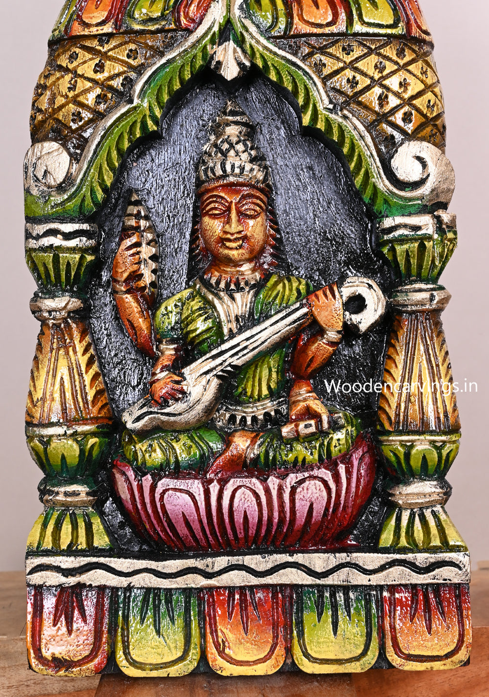 Kavadi of Goddess Saraswathi Holding Flower Garland and Books Multicolour Kavadi Wall Mount 18"