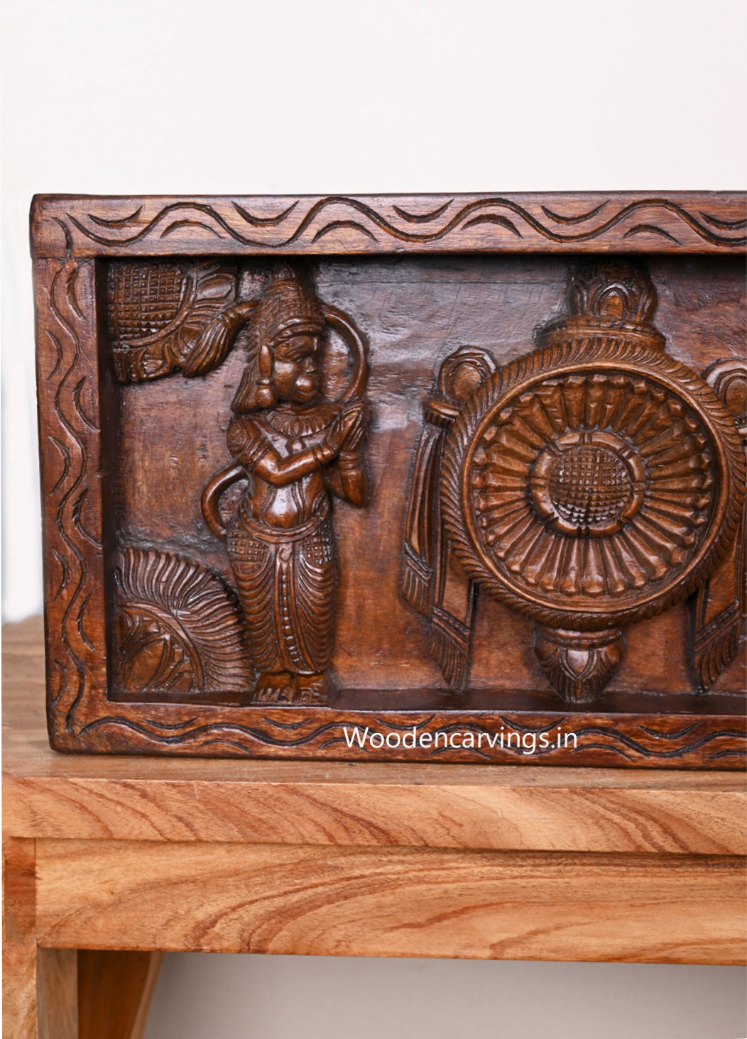 Dark Polished Detaily Carved Wooden Lord Balaji With Lord Garuda, Lord Hanuman Horizontal Wall Panel 42"