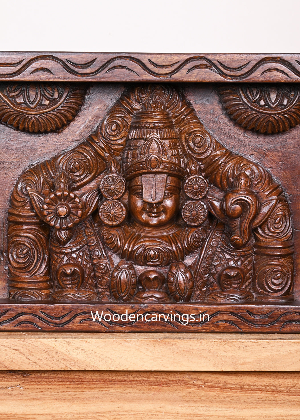 Dark Polished Detaily Carved Wooden Lord Balaji With Lord Garuda, Lord Hanuman Horizontal Wall Panel 42"