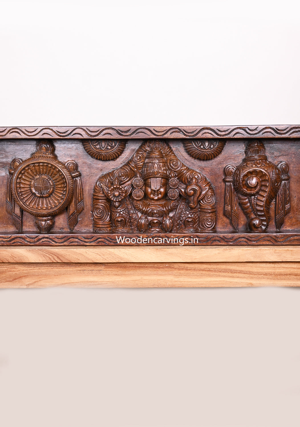 Dark Polished Detaily Carved Wooden Lord Balaji With Lord Garuda, Lord Hanuman Horizontal Wall Panel 42"