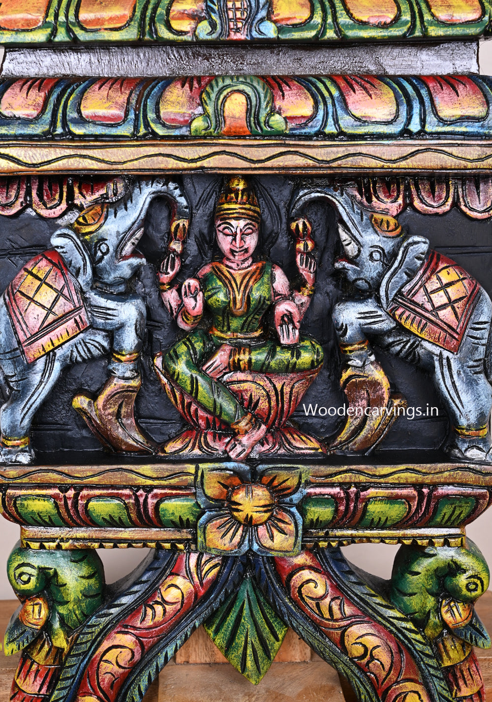 Parrot With Paired Grey Elephants Gopuram Design Gaja Lakshmi Multicoloured Wooden Kavadi Wall Mount 24"