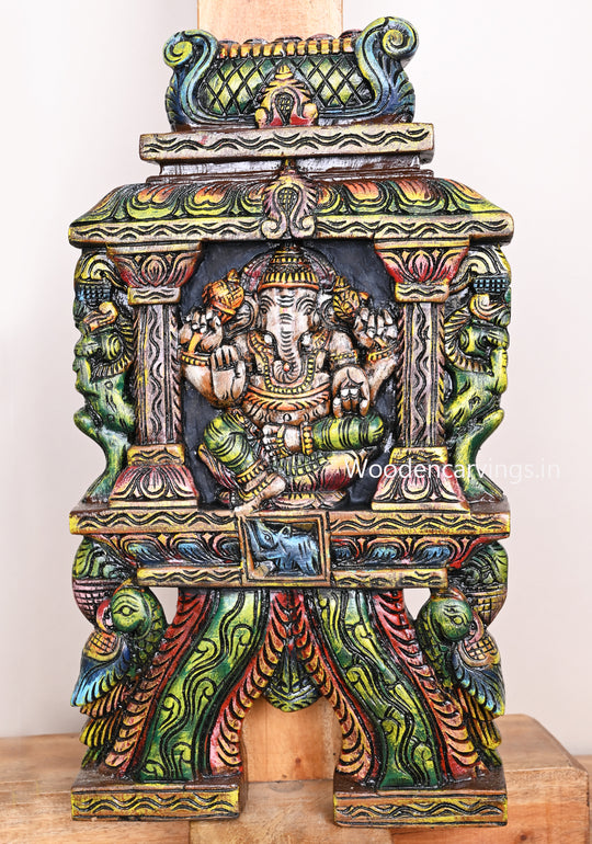 Pillar Ganesha kavadi With Ancient Animal Yaazhi and Paired Parrots Wooden Multicoloured Kavadi Wall Mount 18.5"