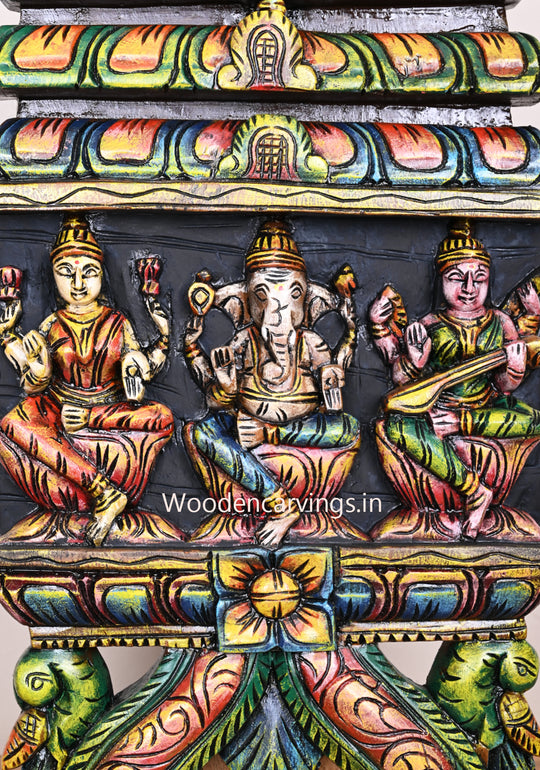 Wooden Goddess Lakshmi With Lord Ganesh and Goddess Saraswathi Horizontal Handmade Kavadi 24.5"