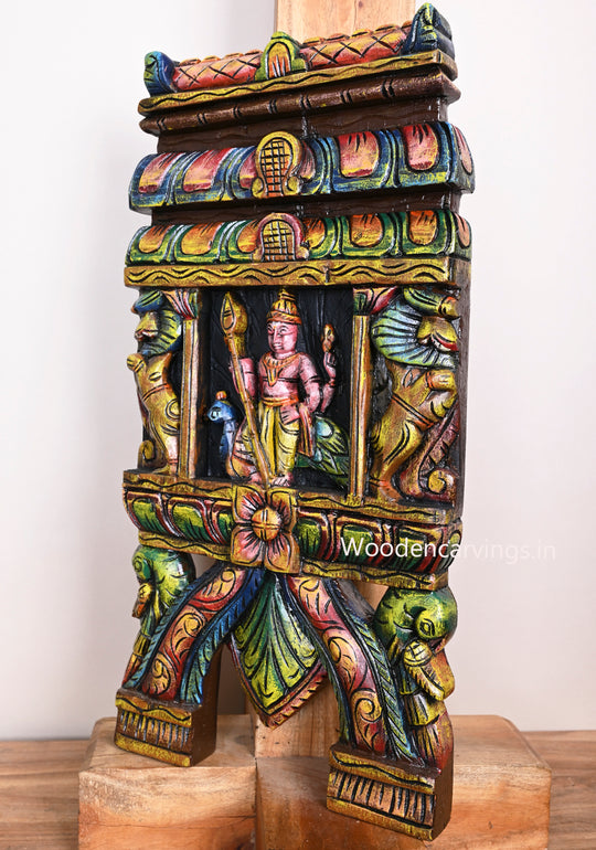 Coloured Lord Muruga Standing With Velayutha Paired Yaazhi With Paired Parrots Wooden Kavadi Wall Mount 24"